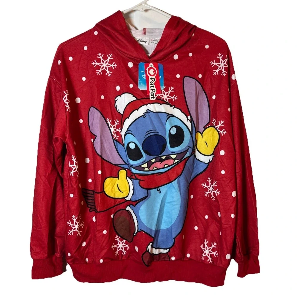 Disney Stitch Christmas Hoodie Womens Medium Red Holiday Sweatshirt NWT‎